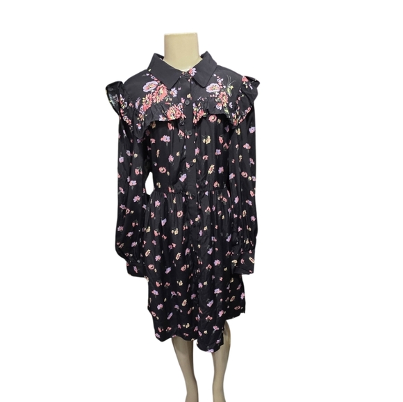 Jill Stuart Shirt Dress Women Black Floral Ruffle Pleated Collar Button Front L - Picture 1 of 11